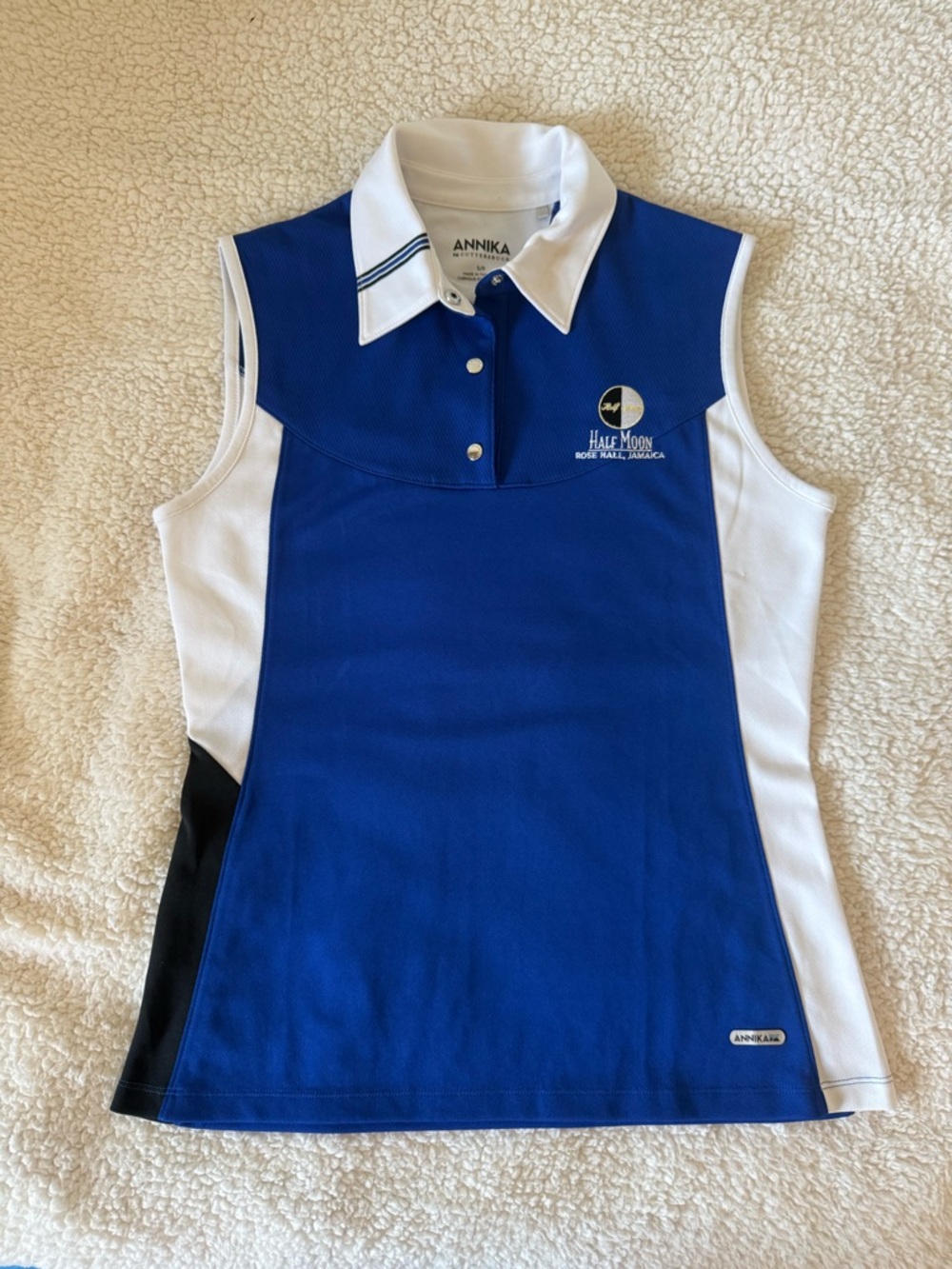 annika cutter and buck Sleeveless Golf Shirt Blue Black Half Moon Jamaica resort